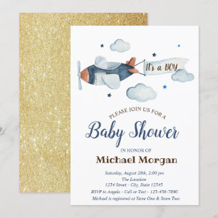 Stars,Clouds,Airplane Gold Glitter Baby Shower Invitation
