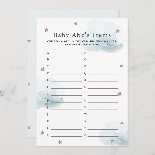 Stars & Clouds Baby ABC Item Shower Game Blue Card (Front/Back)