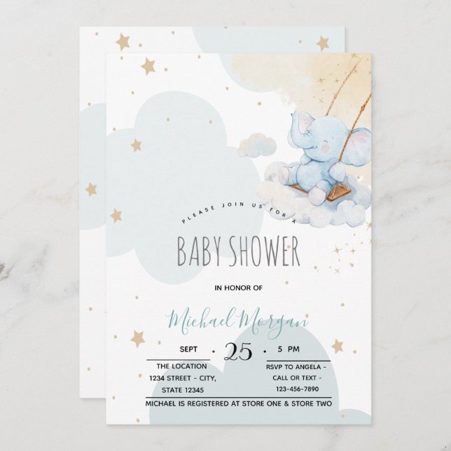 Stars Clouds Blue Teddy Bear Baby Shower Invitation (Front/Back)