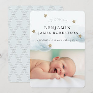 Stars & Clouds Boy Blue Birth Announcement Card