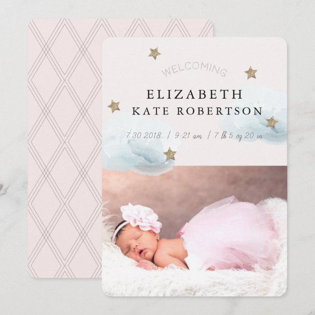 Stars & Clouds Girl Pink Faire-part de naissance C (Devant / Derrière)