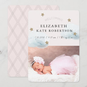 Stars & Clouds Girl Pink Faire-part de naissance C