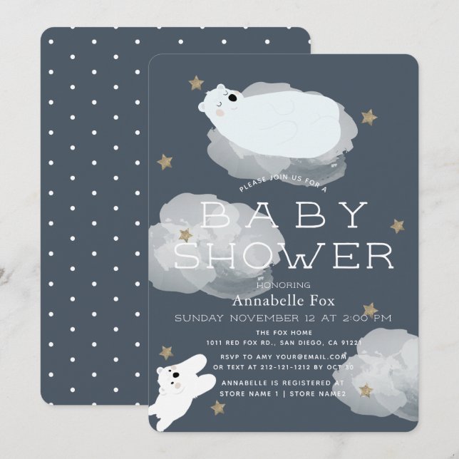Stars & Clouds Polar Bears Baby Shower Invitation (Front/Back)