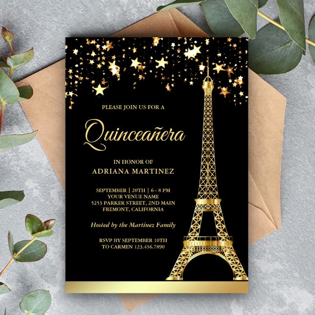 Stars Confetti Gold Foil Eiffel Tower Quinceanera Invitation (Creator Uploaded)