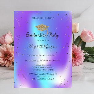 Stars Confetti Grad Cap Holographic Graduation Invitation
