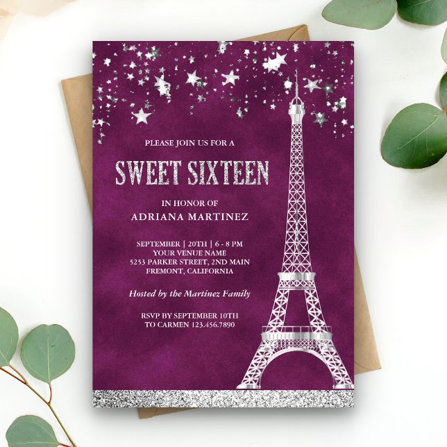 Stars Confetti Silver Eiffel Tower Sweet 16 Invitation (Creator Uploaded)