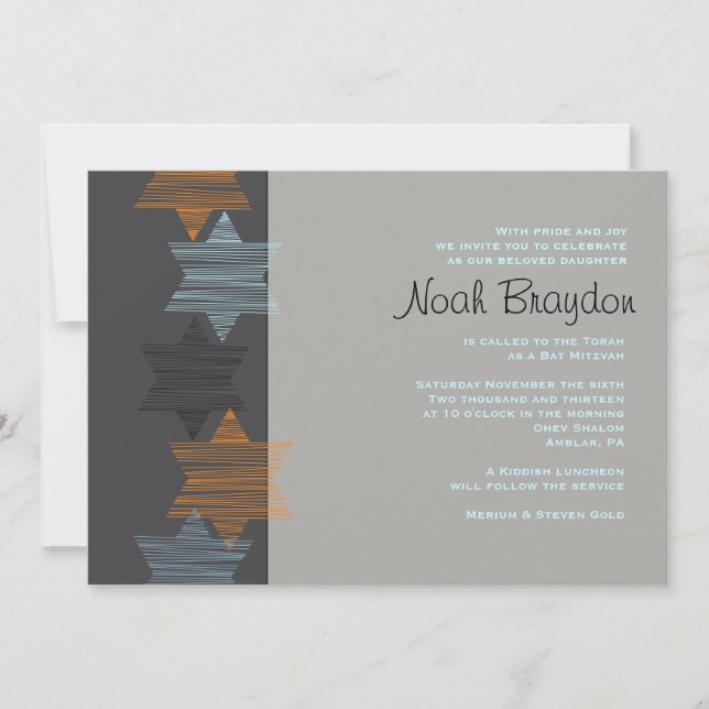STARS CONNECTING Bar Mitzvah Customized Grey Invitation (Front)