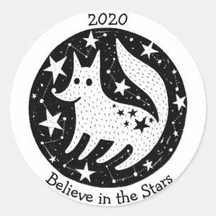 Stars & Constellations Friendly White Dog Wolf B/W Classic Round Sticker