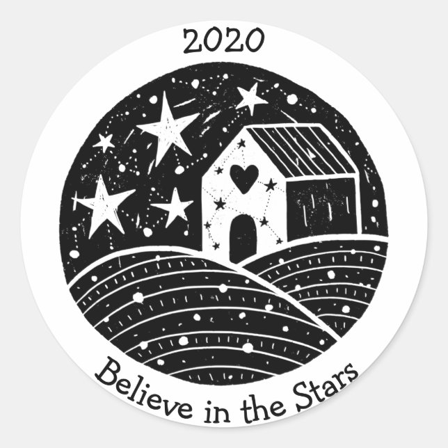 Stars & Constellations House on Hill Night Sky B/W Classic Round Sticker (Front)