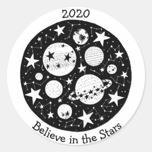 Stars & Constellations Planets in Night Sky B/W Classic Round Sticker