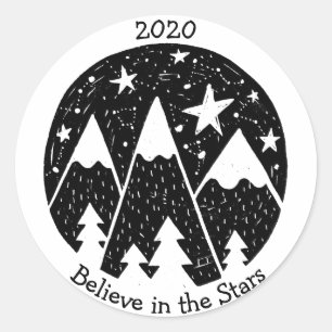 Stars & Constellations Snowy Mountains Pine B/W Classic Round Sticker
