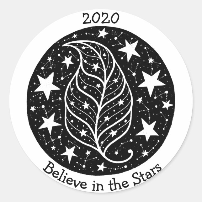 Stars & Constellations Tree Leaf Nature B/W Classic Round Sticker (Front)