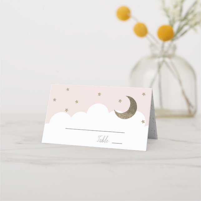 Stars & Crescent Moon Pink Girl Place Card (Front)