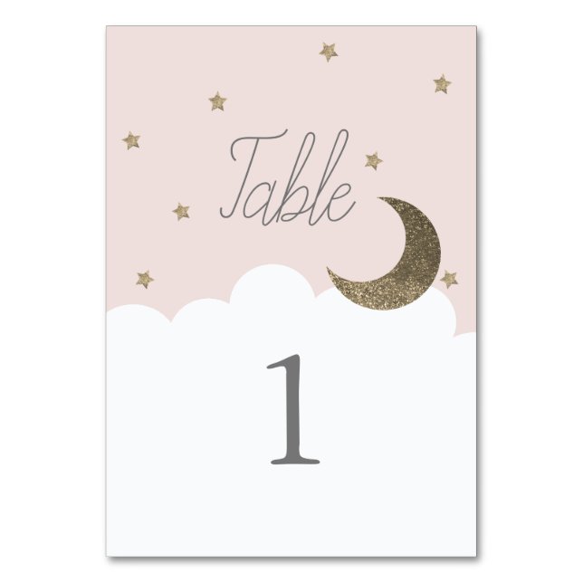 Stars & Crescent Moon Pink Girl Table Number (Front)