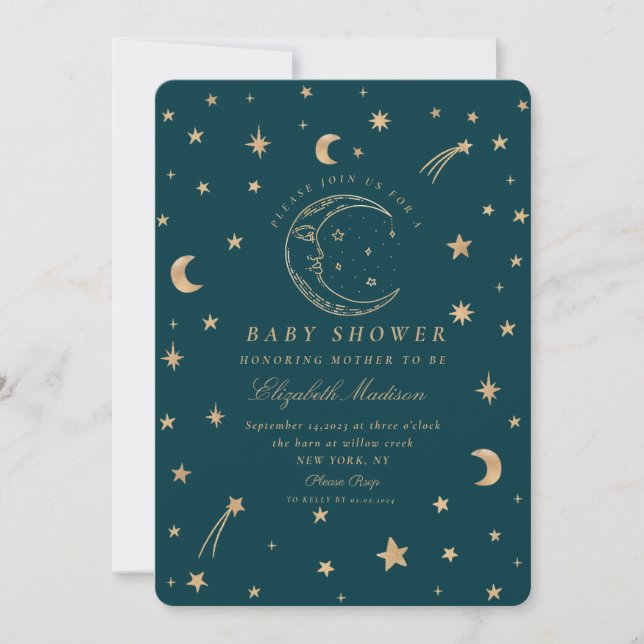 Stars Cute Moon Golden Galaxy  Baby Shower  Invitation (Front)