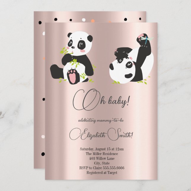Stars, dots, cute pandas, baby shower invitation (Front/Back)