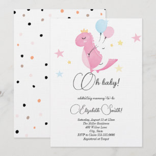 Stars, dots, pink dinosaur baby shower invitation