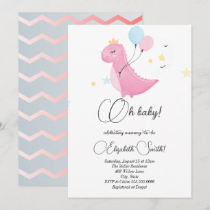 Stars, dots, pink dinosaur baby shower invitation
