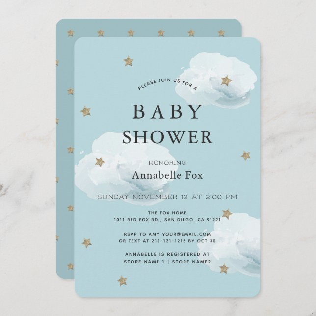 Stars & Fluffy Clouds Blue Baby Shower Invitation (Front/Back)