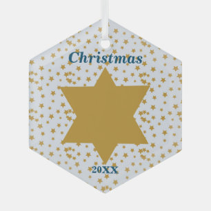 Stars gold pattern on blue Christmas with year Glass Ornament