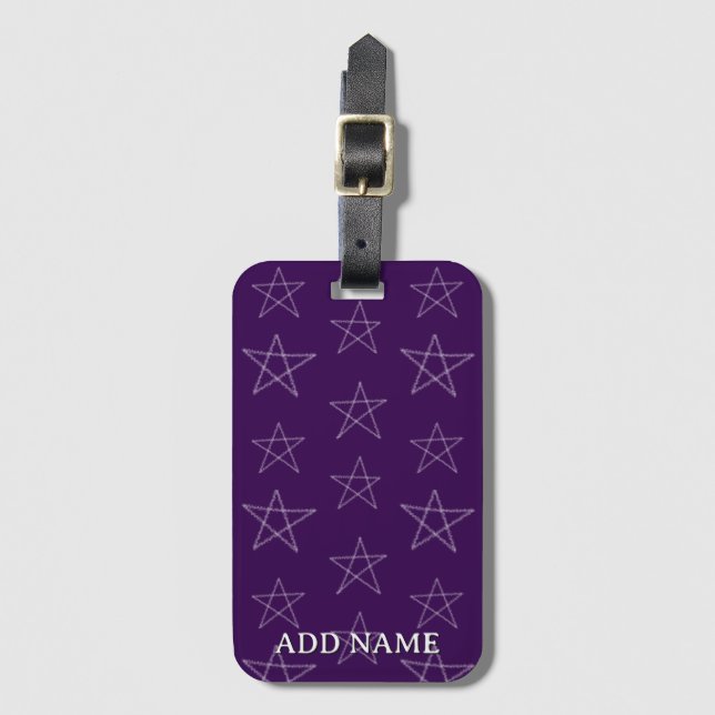 Stars Hand Drawn Custom Name Purple Luggage Tag (Front Vertical)
