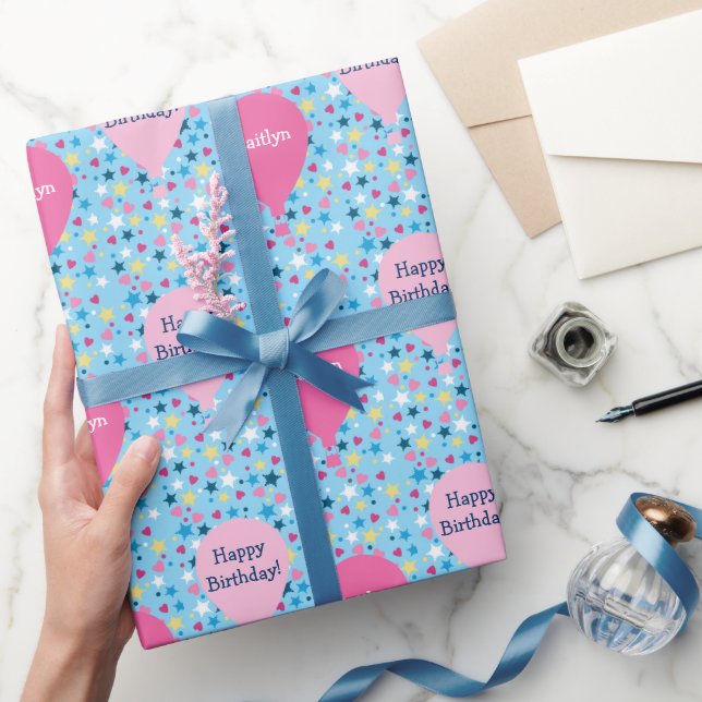 Stars Hearts Balloons Personalized Birthday Wrapping Paper (Gifting)