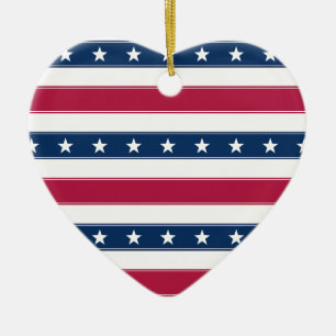 Stars & Horizontal Stripes Personalized USA Heart Ceramic Ornament