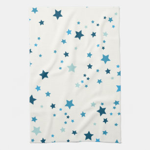 Stars in multiple shades of blue on white kitchen towel