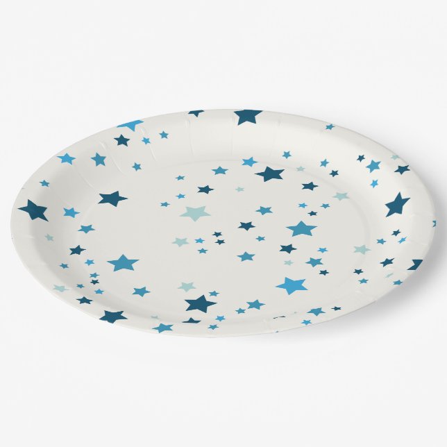 Stars in multiple shades of blue on white paper plate (Angled)