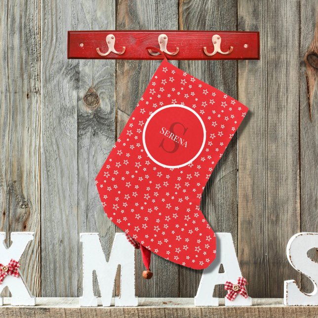 Stars in red and white with Monogram and Name Small Christmas Stocking (Creator Uploaded)
