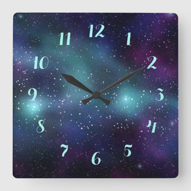 Stars in Space Purple Blue Green Nebula Square Wall Clock (Front)