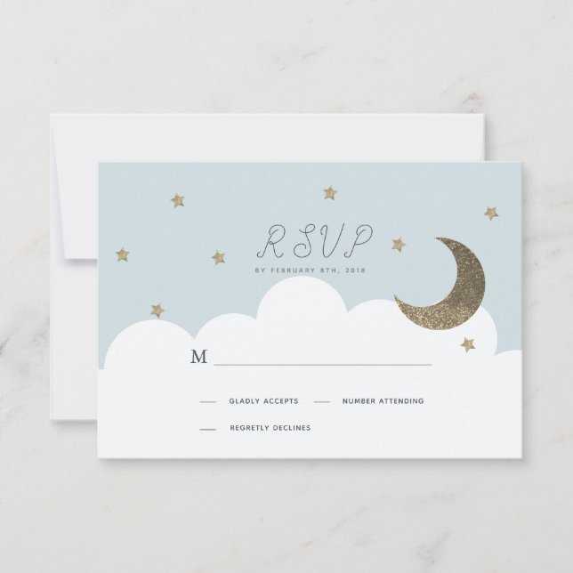 Stars & Moon Baby Blue Boy Baptism RSVP Card (Front)