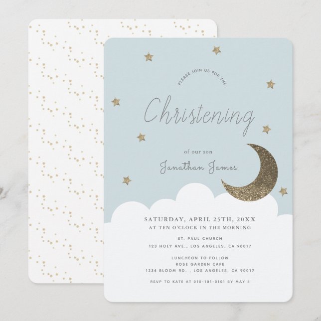Stars & Moon Baby Blue Boy Christening Invitation (Front/Back)