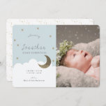 Stars & Moon Blue Boy Photo Birth Announcement<br><div class="desc">This cute baby boy's photo birth announcement features a light blue background with faux gold glitter stars,  the crescent moon,  and white clouds. The reverse side features a white background faux gold random dot patterns. Personalize for your needs. You can find more matching products at my store.</div>