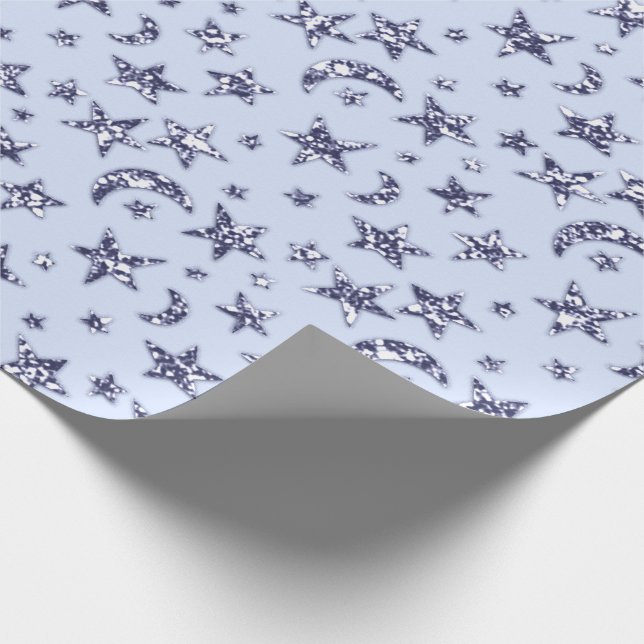 Stars Moon Blue Pastel Celestial Spark Navy Boy Wrapping Paper (Corner)