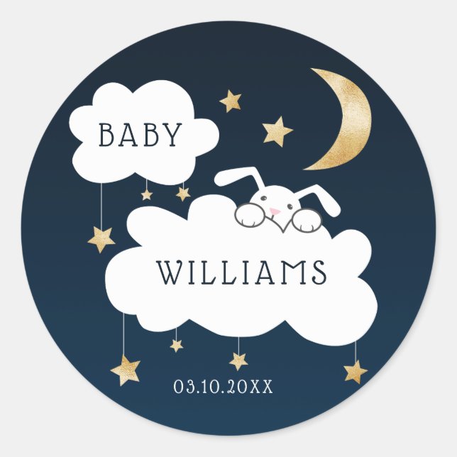 Stars Moon Bunny Gold Navy Baby Shower Classic Round Sticker (Front)