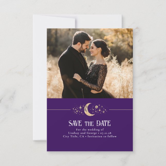 Stars Moon Celestial Purple Save the Date Photo (Front)