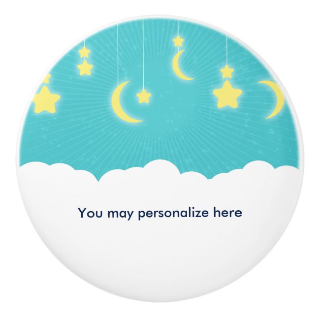 Stars Moon & Clouds Teal & Yellow Nursery Room Ceramic Knob (Front)