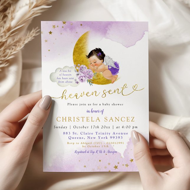 Stars Moon Lilac Heaven Sent Mexican Baby Shower Invitation (Creator Uploaded)
