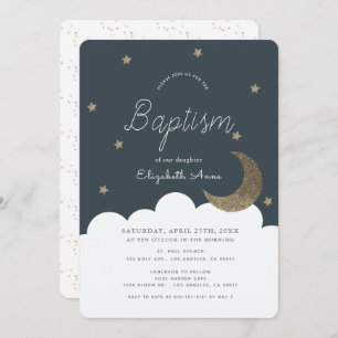 Stars & Moon Navy Blue Boy Baptism Invitation