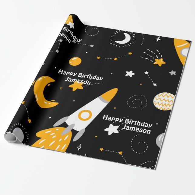 Stars Moon Outer Space Rocket Birthday Wrapping Paper (Unrolled)