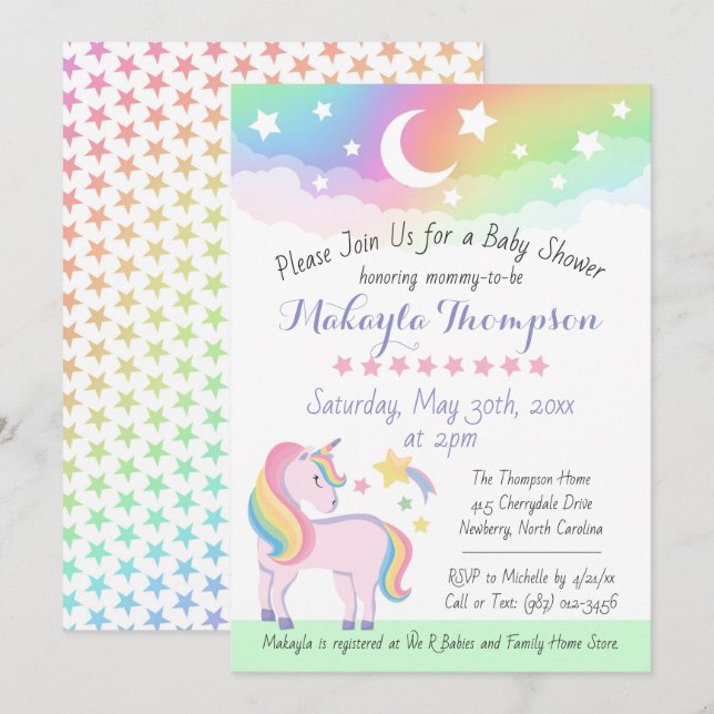 Stars & Moon Rainbow Magical Unicorn Baby Shower Invitation (Front/Back)