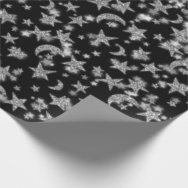 Stars Moon Spark Night Galaxy Black Silver Grey Wrapping Paper (Corner)