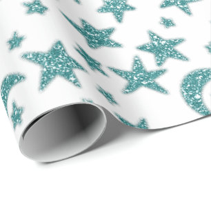 Stars Moon Sparkly Teal Aqua Blue White Wrapping Paper