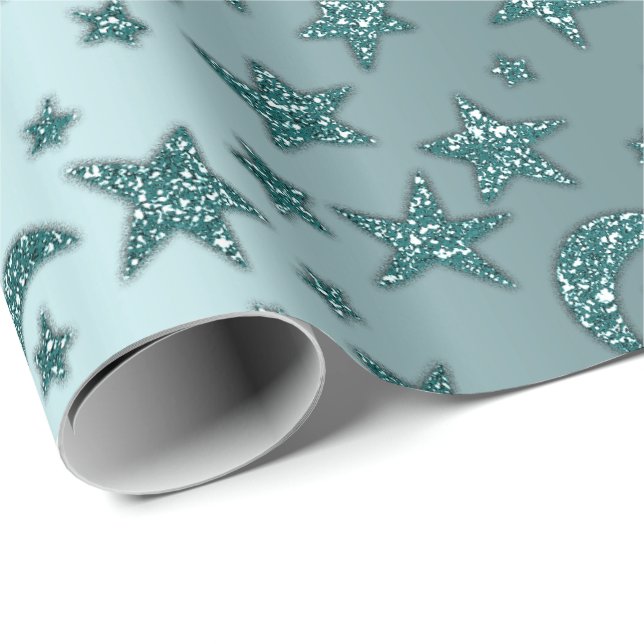 Stars Moon Sparkly Teal Aqua Glitter Night Wrapping Paper (Roll Corner)