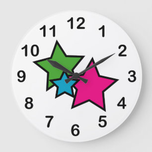 Stars Neon Colors Pink Blue Green Black Large Clock
