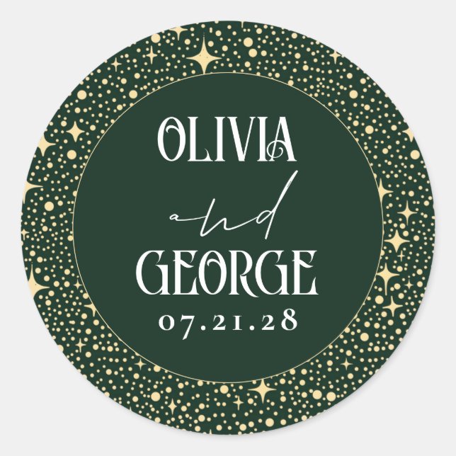 Stars Night Emerald Green Wedding Classic Round Sticker (Front)