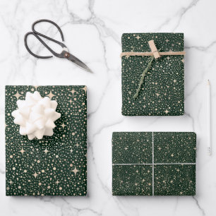 Stars Night Sky Celestial Emerald Green and Gold Wrapping Paper Sheet