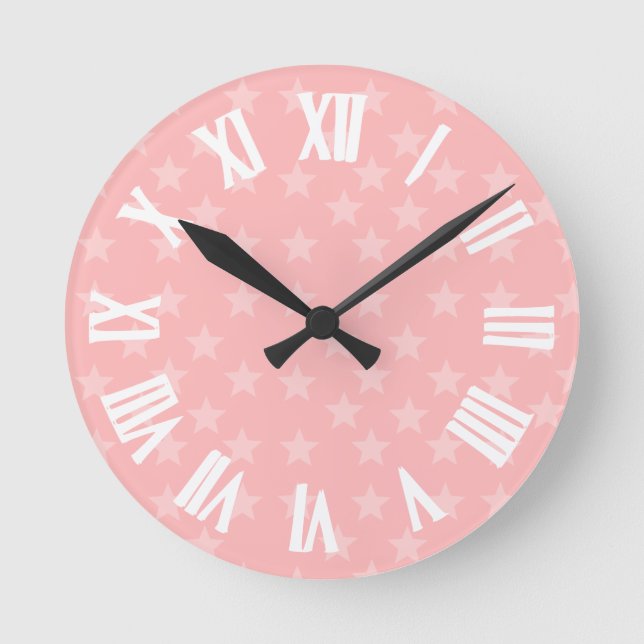 Stars on Pink Monogram or Name Custom Round Clock (Front)