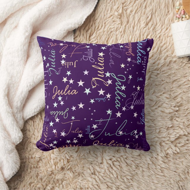 Stars on Purple Repeating Her Name Throw Pillow (Blanket)
